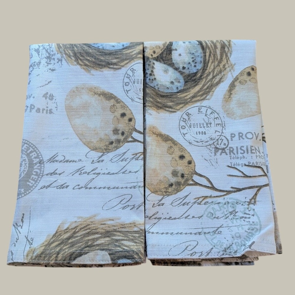 Set of 2 French Country Bird Nest Cotton Napkins Blue Egg Butterfly Paris Script